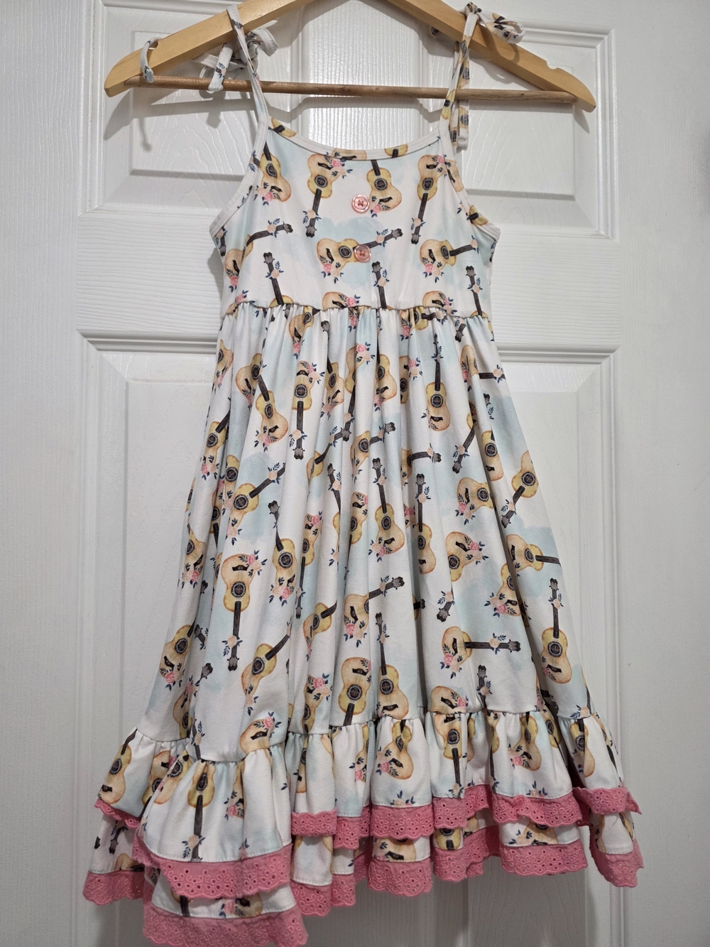 Jane+jo Girls' White Guitar Print Ruffle Dress with Pink Trim, 6Y